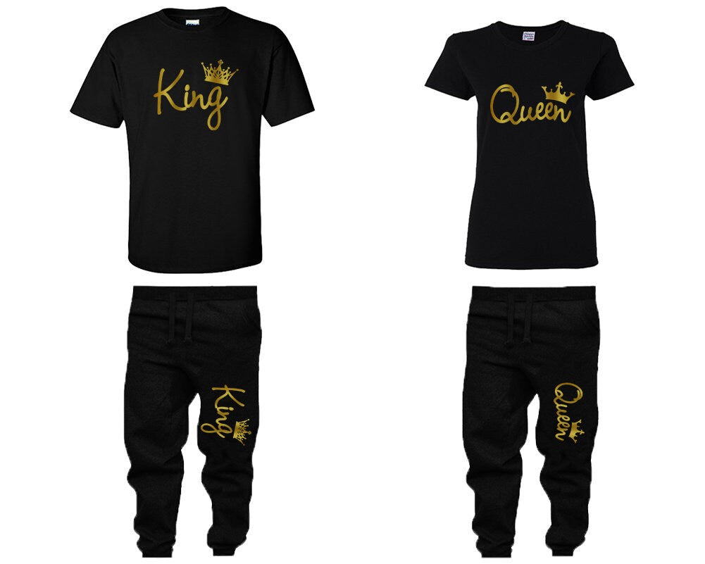 Couple king queen sweatsuits with matching t shirts, gold foil king queen jogger pants, married shirts 4 items sold separately