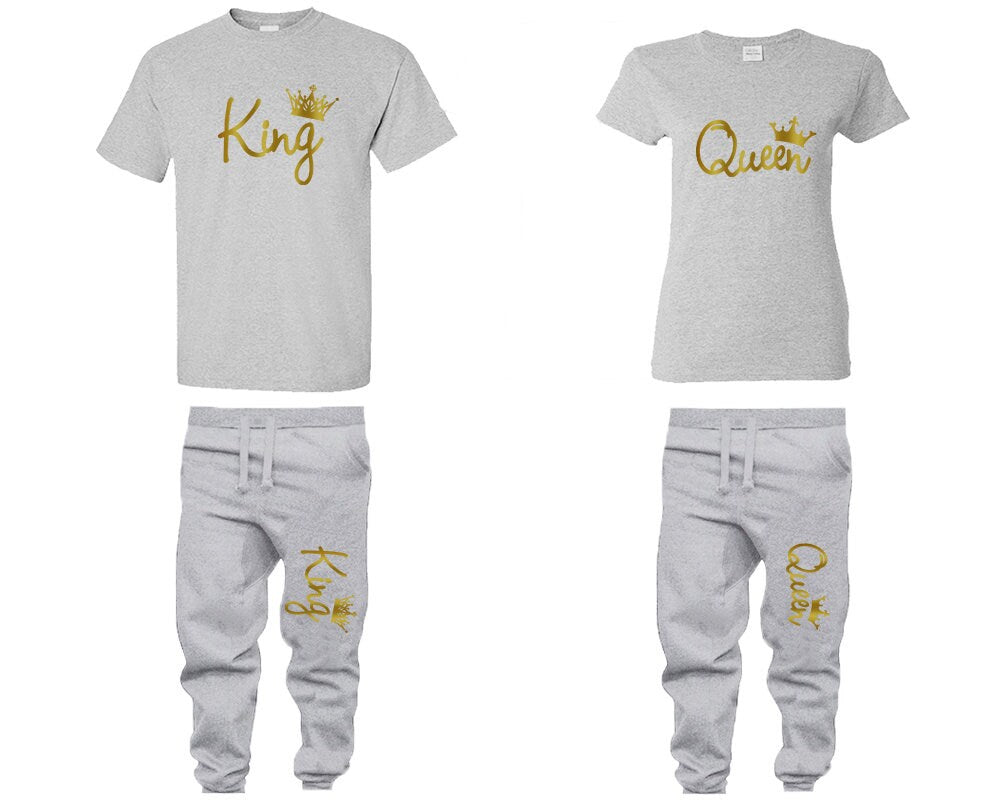 Couple king queen sweatsuits with matching t shirts, gold foil king queen jogger pants, married shirts 4 items sold separately