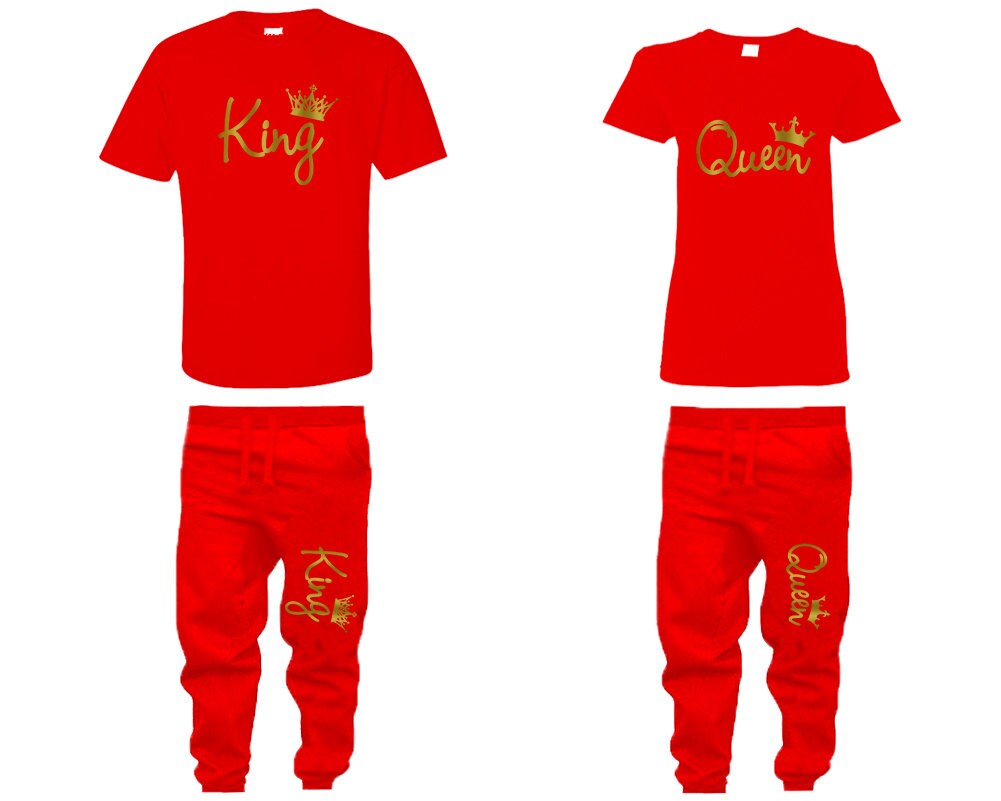 Couple king queen sweatsuits with matching t shirts, gold foil king queen jogger pants, married shirts 4 items sold separately