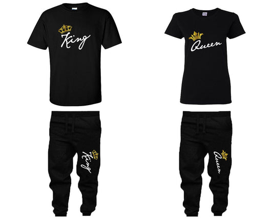 King Queen Couple Shirts, sweatpants, woman jogger pants man jogger pants  Unisex Joggers gold foil crowns Couple 4 items sold separately