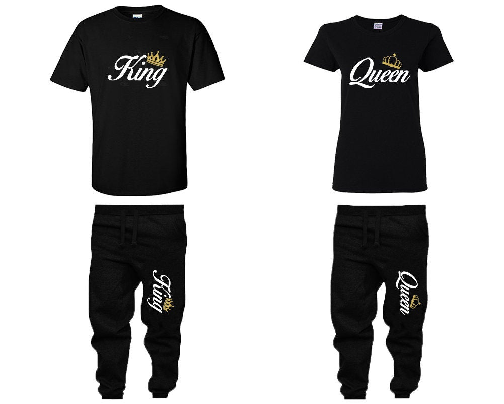King Queen Couple Shirts, sweatpants, woman jogger pants man jogger pants  Unisex Joggers gold glitter crowns Couple 4 items sold separately