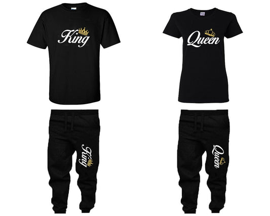King Queen Couple Shirts, sweatpants, woman jogger pants man jogger pants  Unisex Joggers gold glitter crowns Couple 4 items sold separately