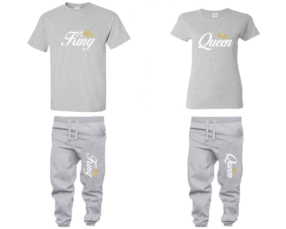 King Queen Couple Shirts, sweatpants, woman jogger pants man jogger pants  Unisex Joggers gold glitter crowns Couple 4 items sold separately