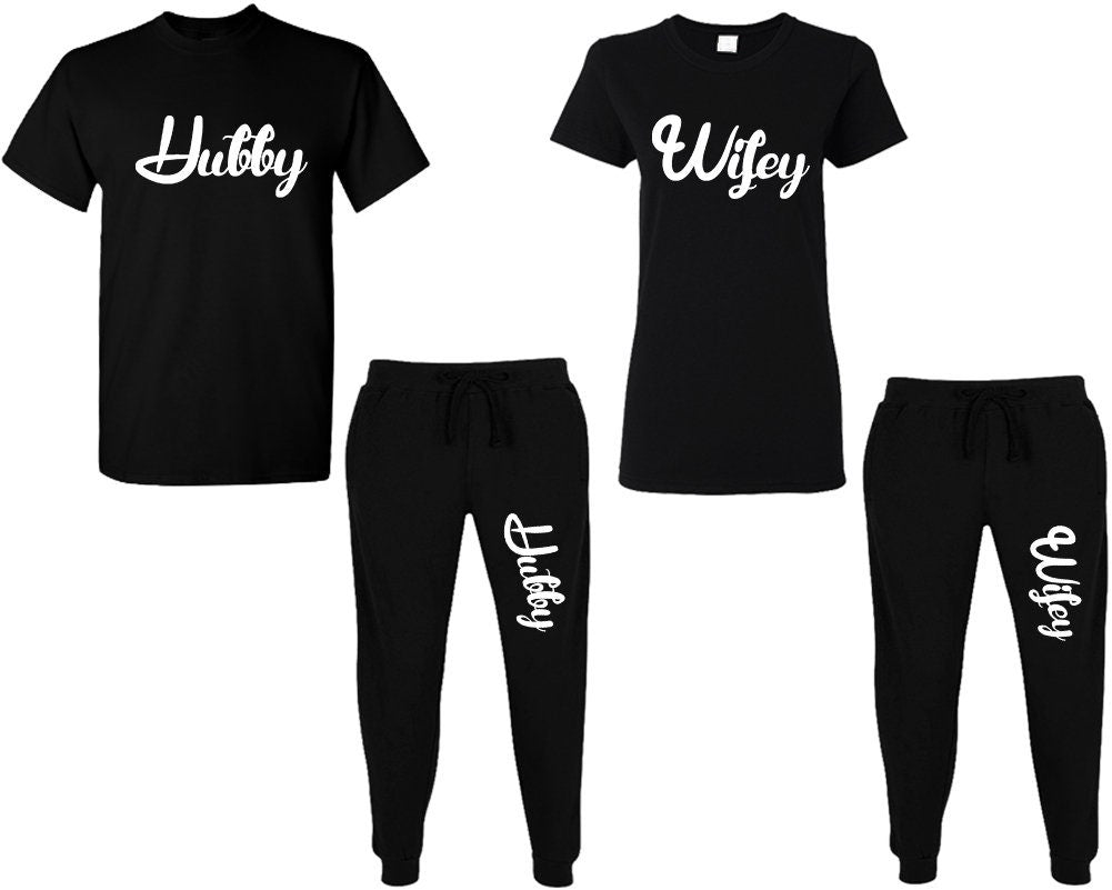Hubby Wifey t shirt jogger pants couple wedding gift, honeymoon, bride to be gift, custom bridal gift set, 4 items sold separately
