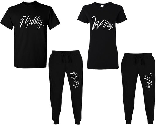 Couple t shirt jogger pants Hubby Wifey tracksuits  wedding gift honeymoon bride to be gift, custom bridal gift set, 4 items sold separately