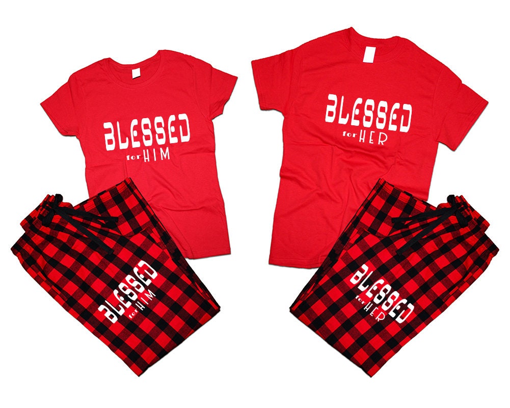 blessed for her blessed for him matching t shirts pajamas pants set woman man Couple outfits Christmas gift 4 items sold separately