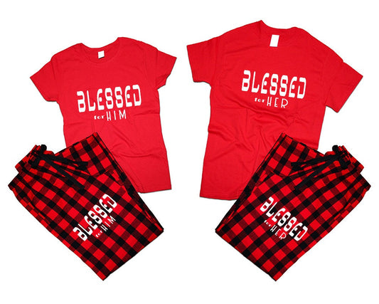 blessed for her blessed for him matching t shirts pajamas pants set woman man Couple outfits Christmas gift 4 items sold separately