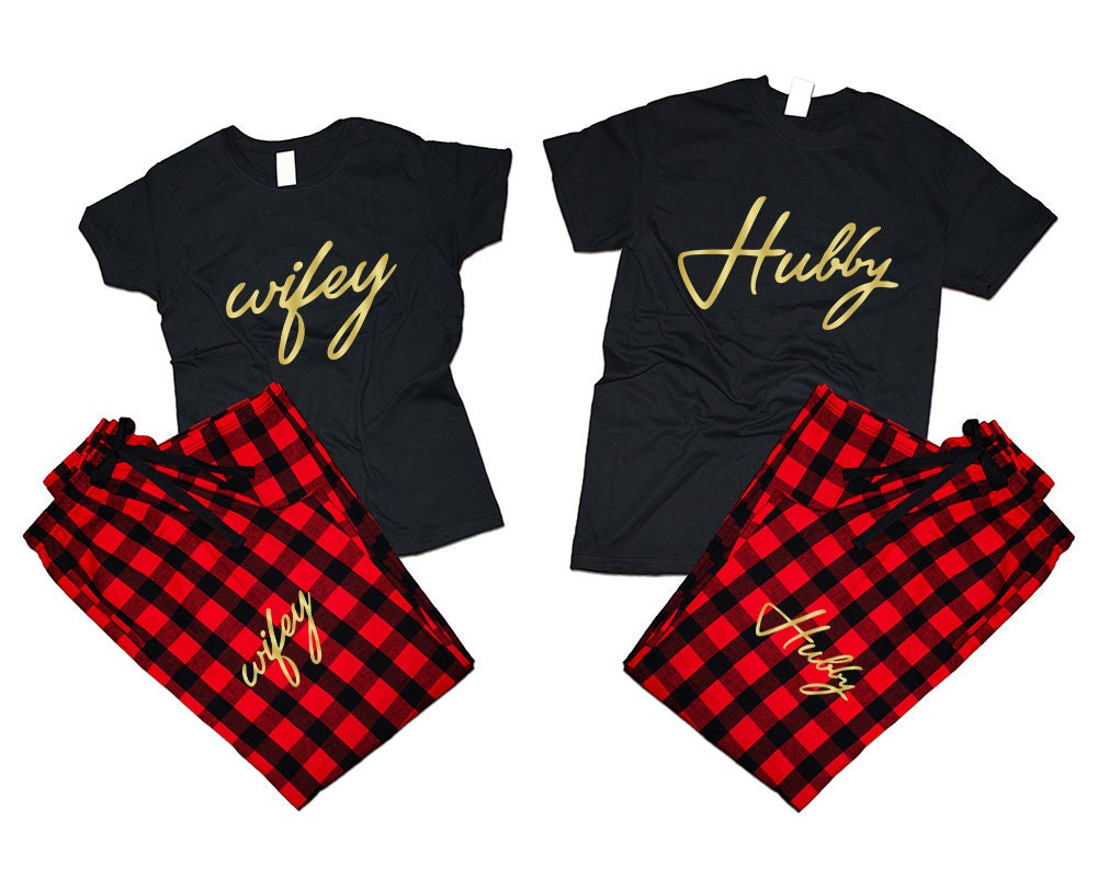 Hubby Wifey Couple t shirts with matching pants flannel sets pajamas gold foil sets woman man Couple outfits gift 4 items sold separately