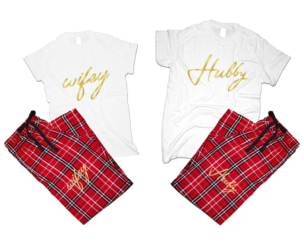 Hubby Wifey Couple t shirts with matching pants flannel sets pajamas gold foil sets woman man Couple outfits gift 4 items sold separately