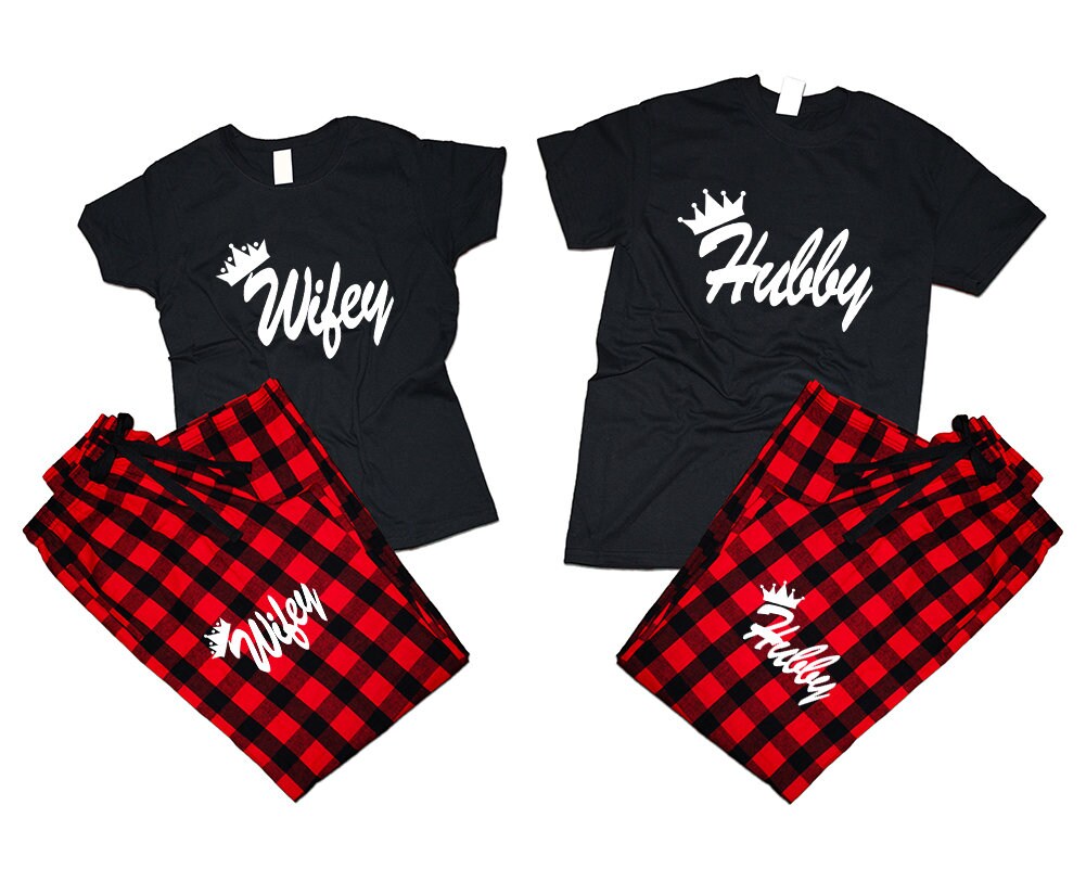 t shirt pants crown Hubby Wifey Couple flannel sets pajamas King queen woman man Couple outfits gift 4 items sold separately