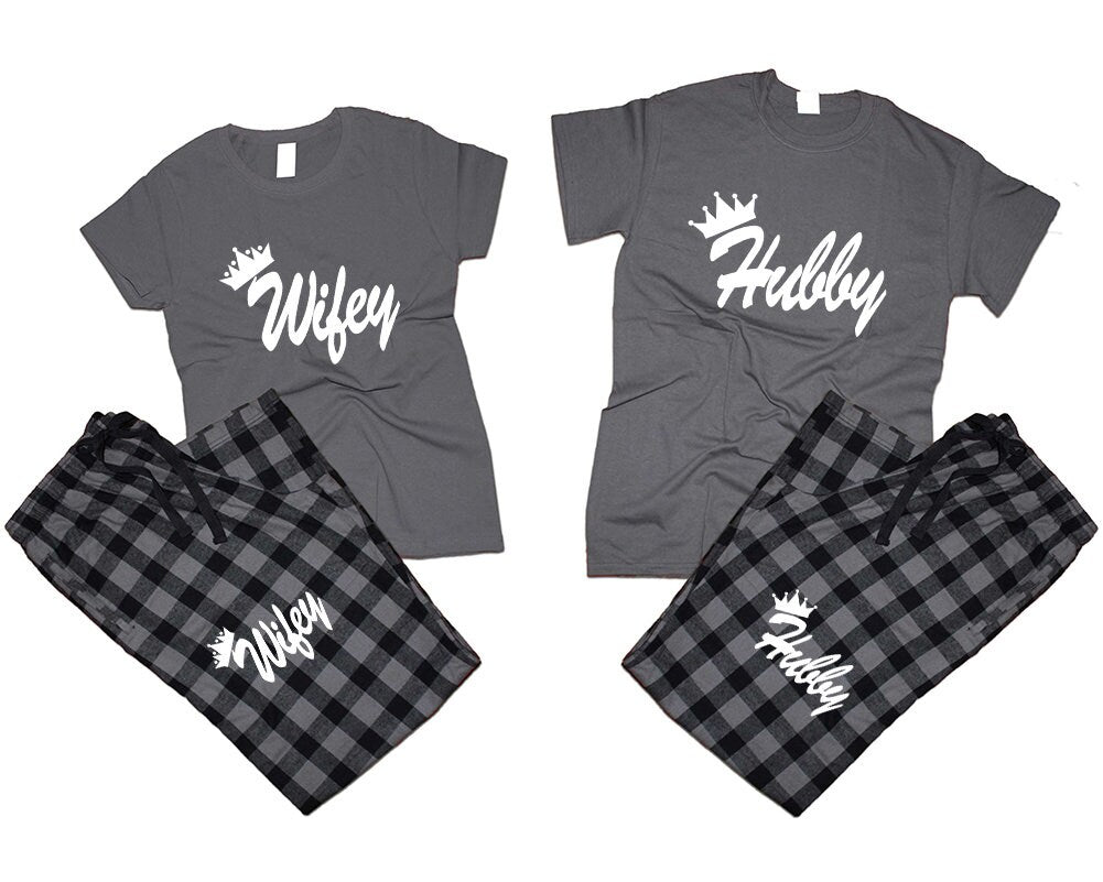 t shirt pants crown Hubby Wifey Couple flannel sets pajamas King queen woman man Couple outfits gift 4 items sold separately