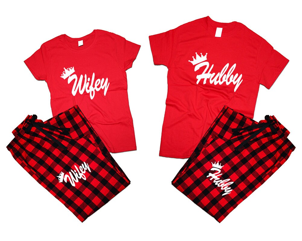 t shirt pants crown Hubby Wifey Couple flannel sets pajamas King queen woman man Couple outfits gift 4 items sold separately