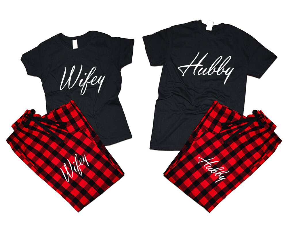 Gift for her Gift for him t shirt pants Hubby Wifey Couple flannel sets pajamas woman man Couple outfits gift 4 items sold separately