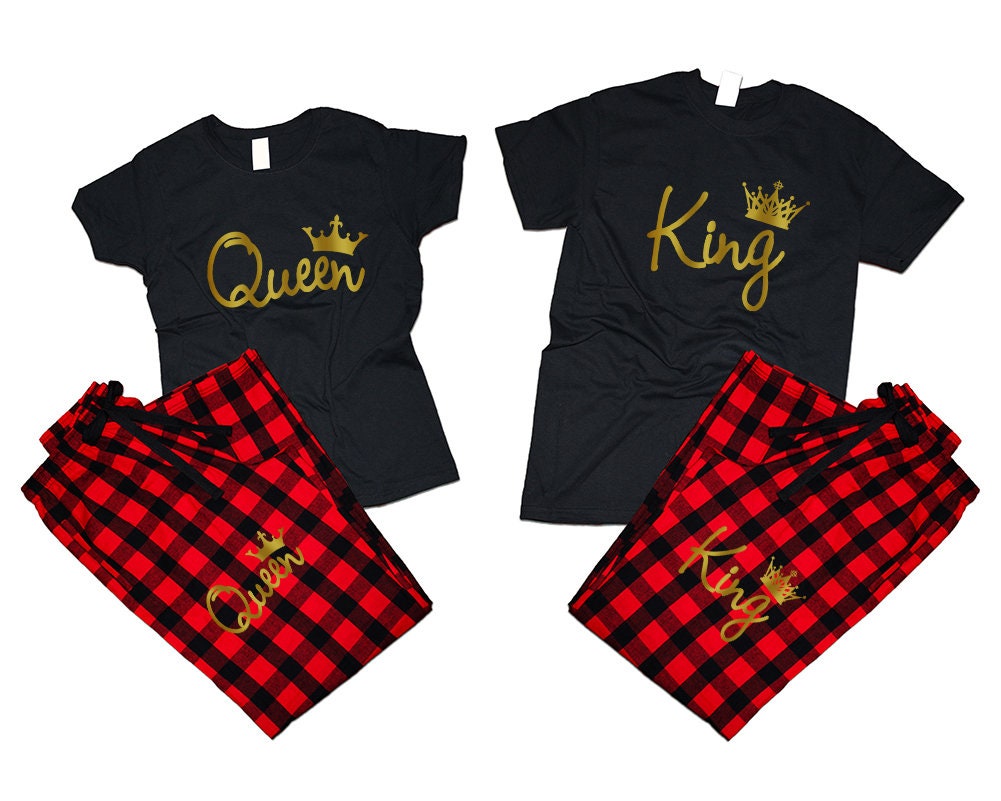 King Queen gold foil Couple pjs matching outfits pajamas flannel pants Christmas gift wedding anniversary vacation 4 items sold separately