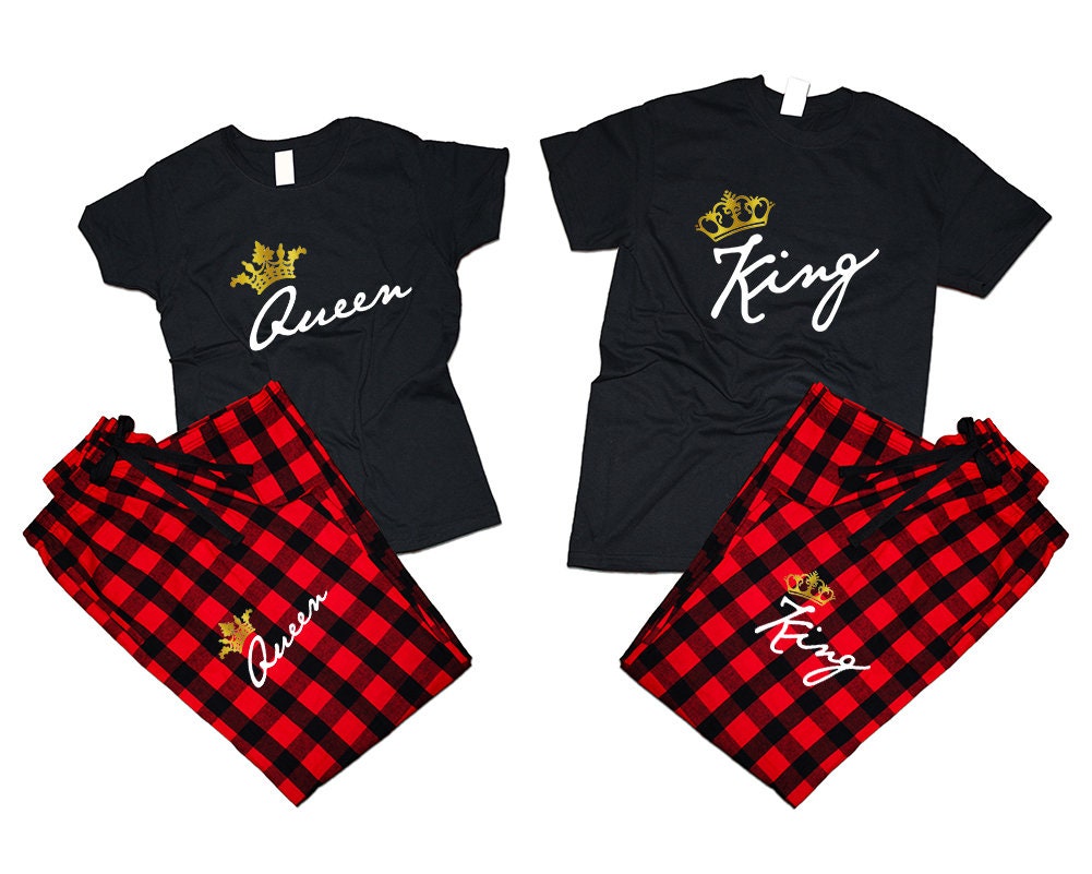 Pajamas King Queen gold foil Couple matching outfits  flannel pants Christmas gift wedding anniversary vacation 4 items sold separately