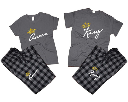 Pajamas King Queen gold foil Couple matching outfits  flannel pants Christmas gift wedding anniversary vacation 4 items sold separately