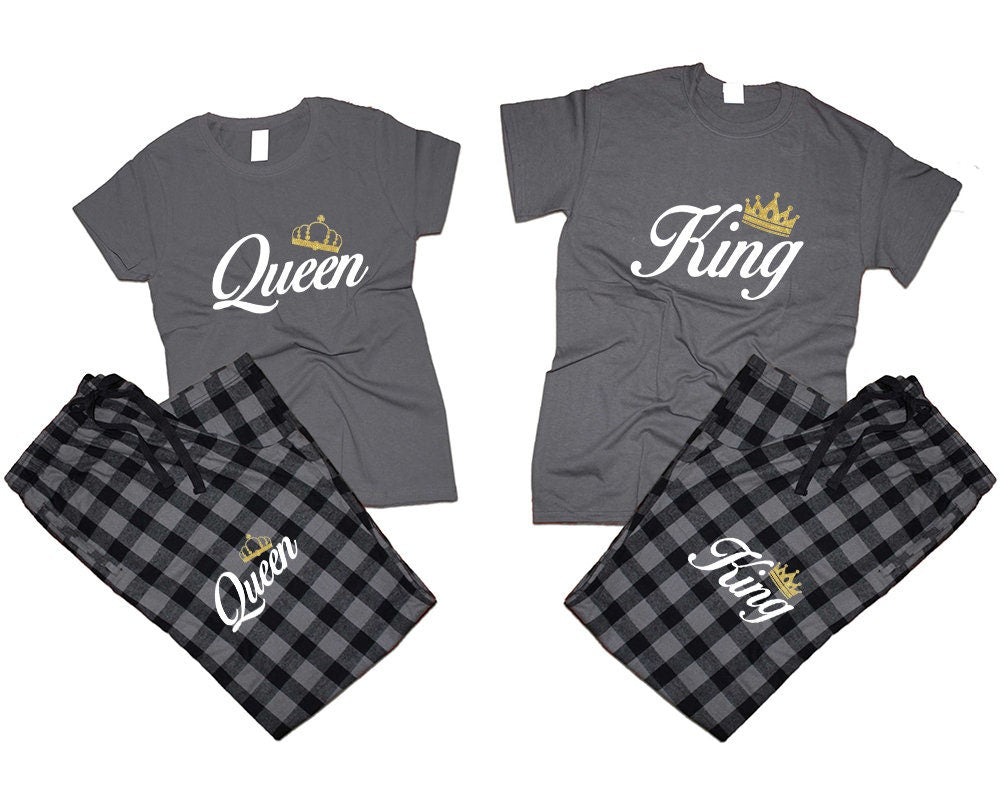 Crown King Queen gold foil pajamas Couple matching outfits flannel pants Christmas gift wedding anniversary vacation 4 items sold separately