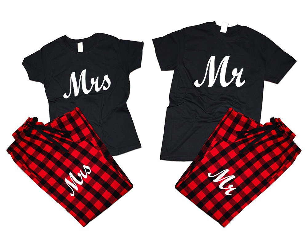 Couple Mr Mrs T shirts pajamas flannel pants outfits Christmas gift wedding anniversary vacation gift for her 4 items sold separately