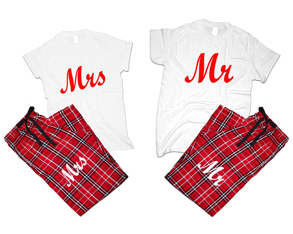 Couple Mr Mrs T shirts pajamas flannel pants outfits Christmas gift wedding anniversary vacation gift for her 4 items sold separately