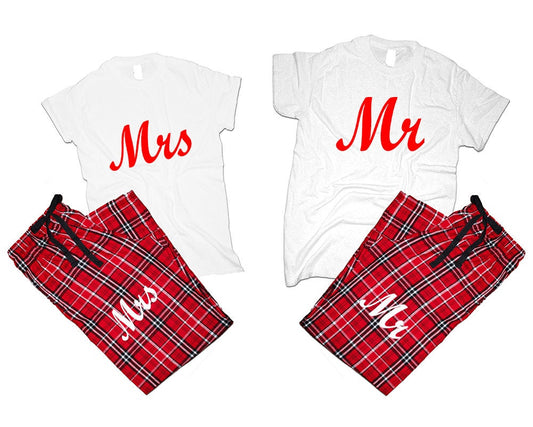 Couple Mr Mrs T shirts pajamas flannel pants outfits Christmas gift wedding anniversary vacation gift for her 4 items sold separately