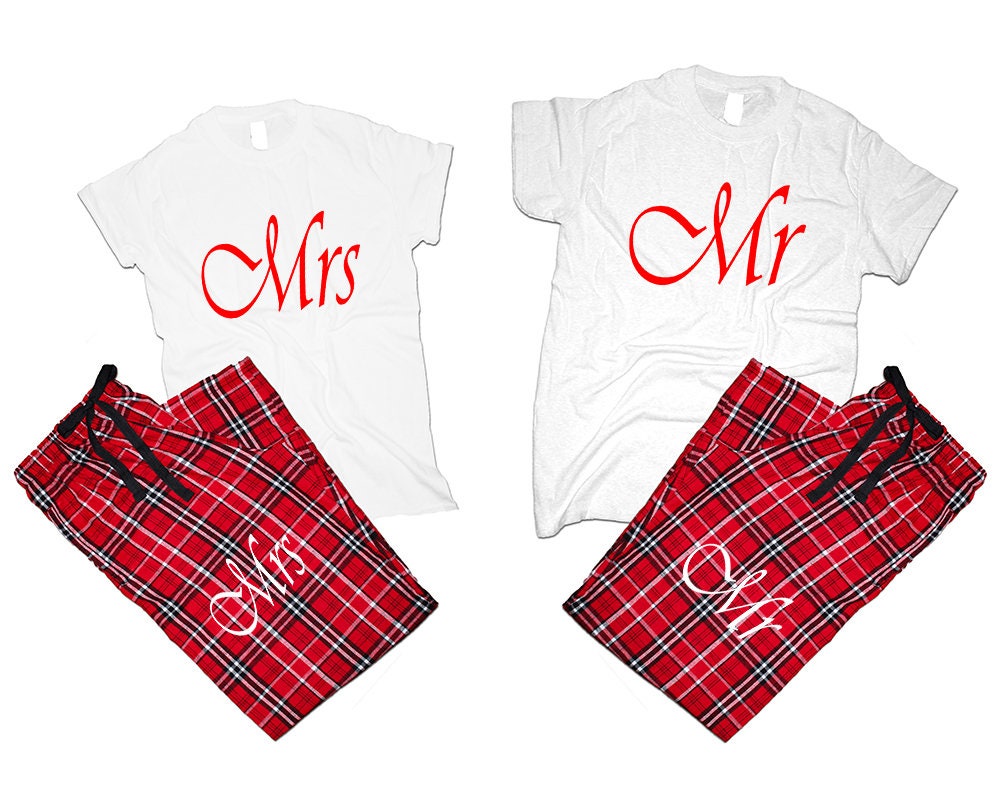 Wedding gift Mr Mrs T shirts pajamas flannel pants outfits Christmas gift wedding anniversary vacation gift for her 4 items sold separately