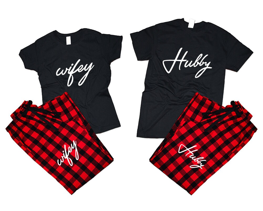 hubby wifey Wedding anniversary matching pants shirts flannel sets pajamas sets woman man Couple outfits gift 4 items sold separately