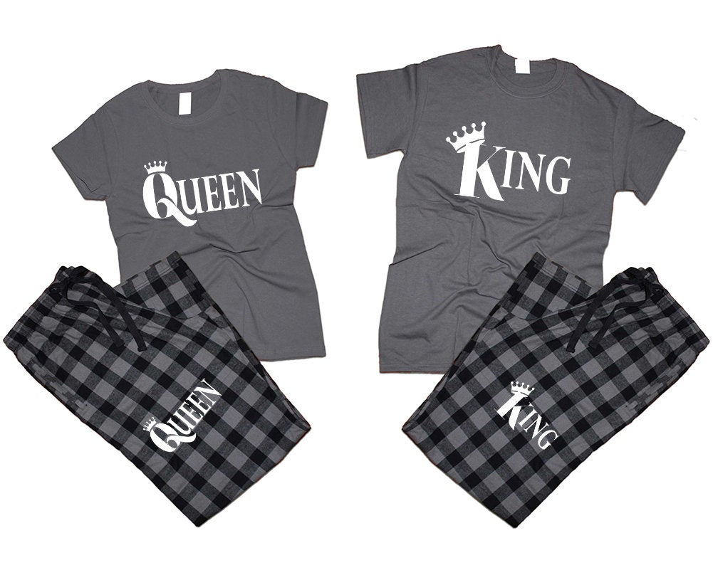 Couple pjs matching outfits King queen pajamas flannel pants Christmas gift wedding anniversary vacation 4 items sold separately