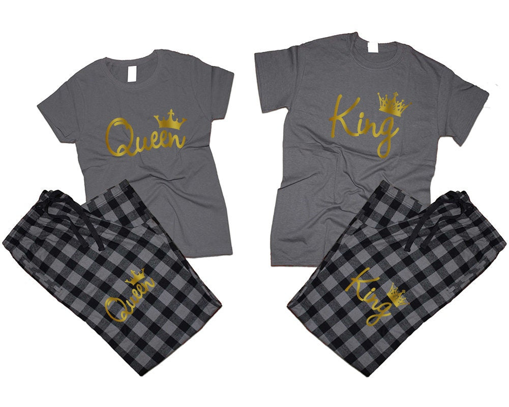 King Queen gold foil Couple pjs matching outfits pajamas flannel pants Christmas gift wedding anniversary vacation 4 items sold separately