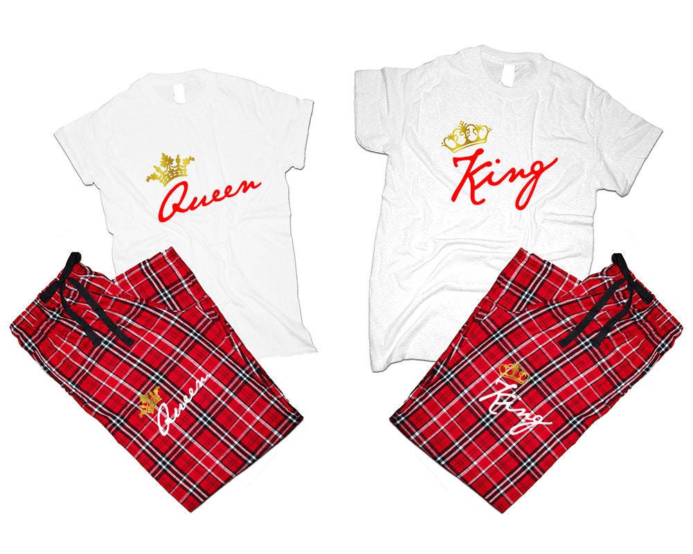 Pajamas King Queen gold foil Couple matching outfits  flannel pants Christmas gift wedding anniversary vacation 4 items sold separately