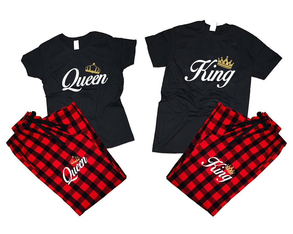 Crown King Queen gold foil pajamas Couple matching outfits flannel pants Christmas gift wedding anniversary vacation 4 items sold separately