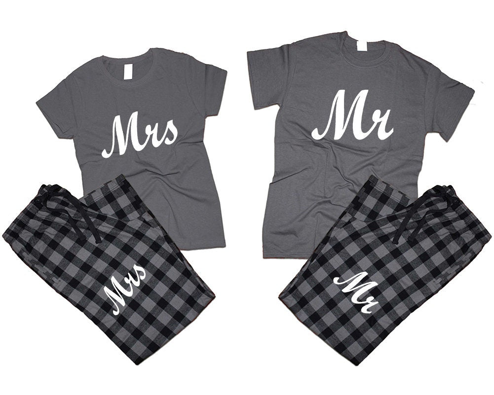 Couple Mr Mrs T shirts pajamas flannel pants outfits Christmas gift wedding anniversary vacation gift for her 4 items sold separately