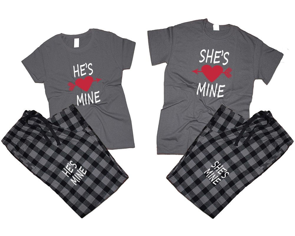 He's mine She's mine couple shirts pajamas flannel pants matching couple outfits Christmas gift wedding anniversary 4 items sold separately