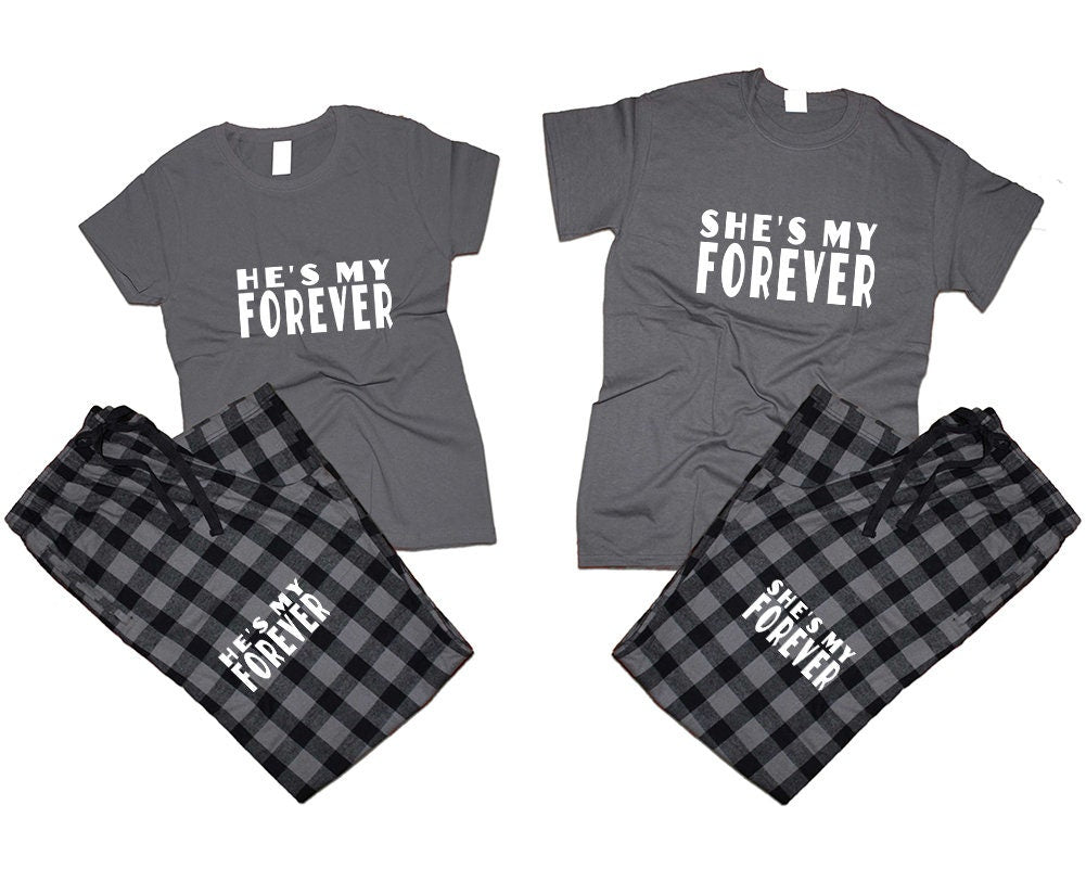 Valentine Couple T shirts pants He's my forever She's my forever pajamas flannel couple outfits Christmas gift 4 items sold separately