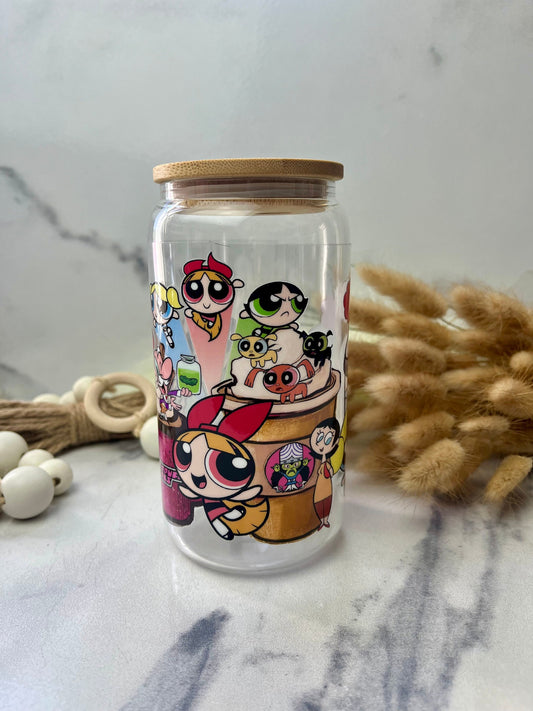 Girl Power Glass Cup With Lid And Straw, Cute Glass Tumbler Iced Coffee Cup, Gift for her, Tumbler summer, gift for birthday