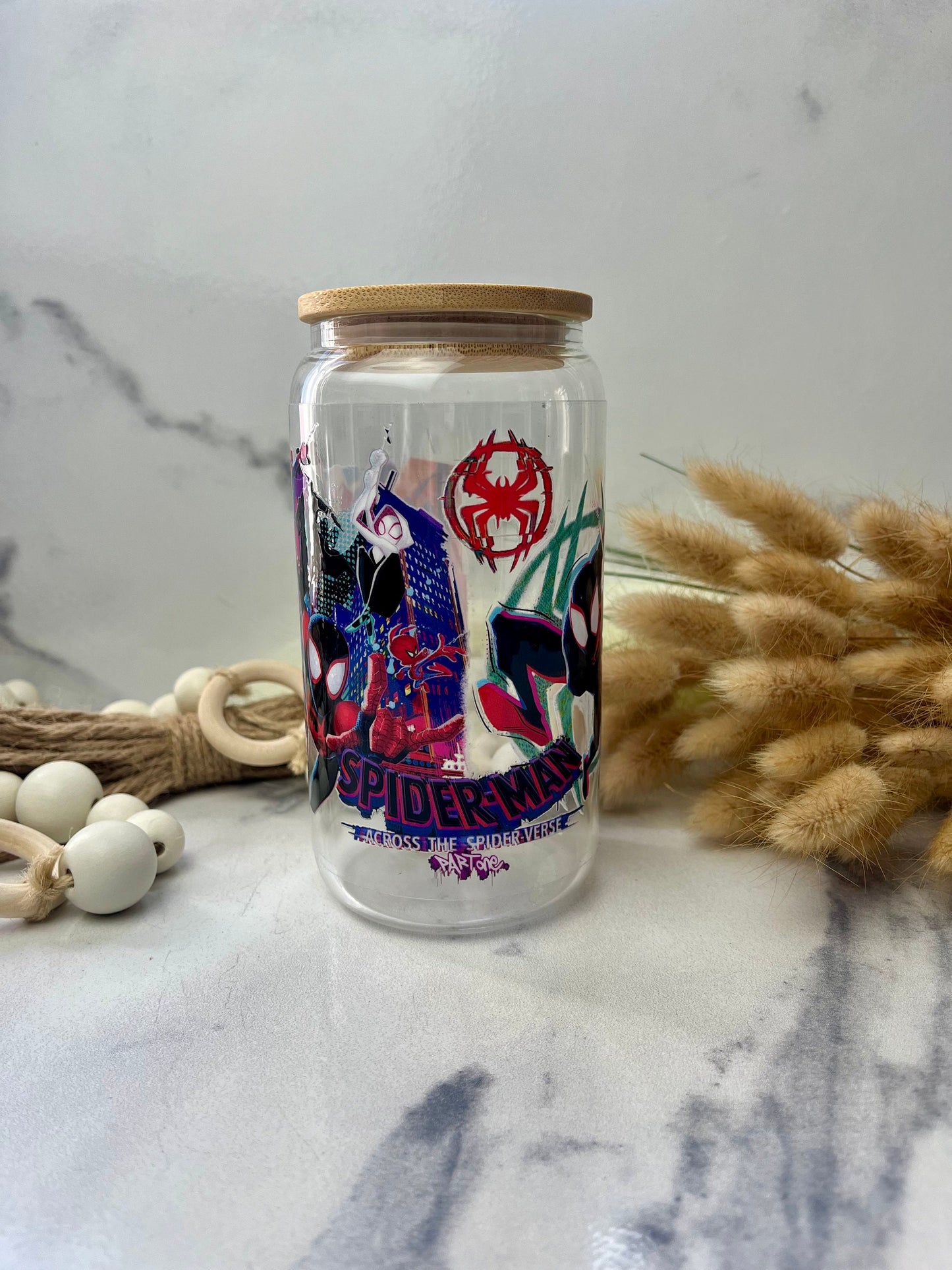 Spider hero Glass Cup With Lid And Straw, Cute Glass Tumbler Iced Coffee Cup, Gift for her, Tumbler summer, gift for birthday