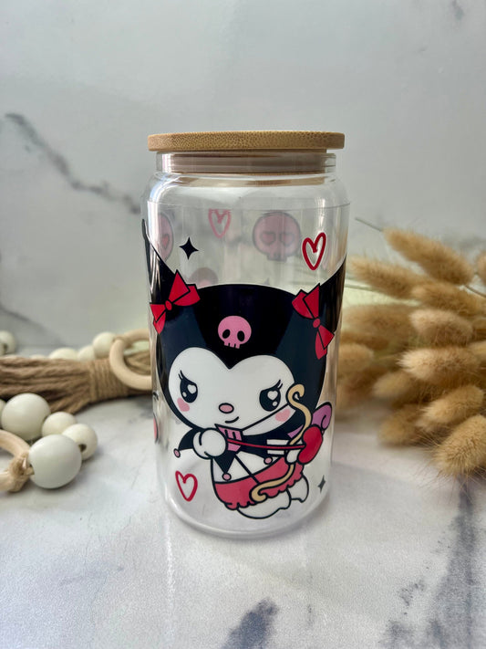 Goth Kitty, cupid kitty Glass Cup With Lid And Straw, Cute Glass Tumbler Iced Coffee Cup, Gift for her, Tumbler summer, gift for birthday