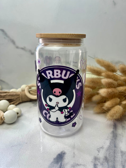 Biker Kitty bucks Glass Cup With Lid And Straw, Cute Glass Tumbler Iced Coffee Cup, Gift for her, Tumbler summer, gift for birthday