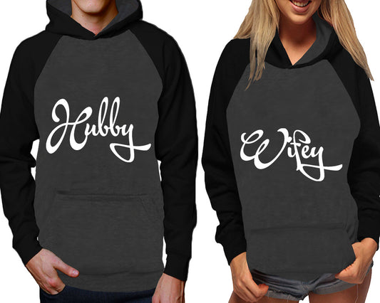 Hubby and Wifey raglan hoodies, Matching couple hoodies, Black Charcoal his and hers man and woman contrast raglan hoodies