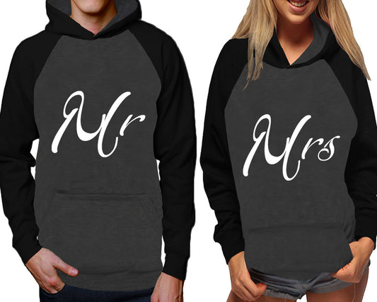 Mr and Mrs raglan hoodies, Matching couple hoodies, Black Charcoal his and hers man and woman contrast raglan hoodies