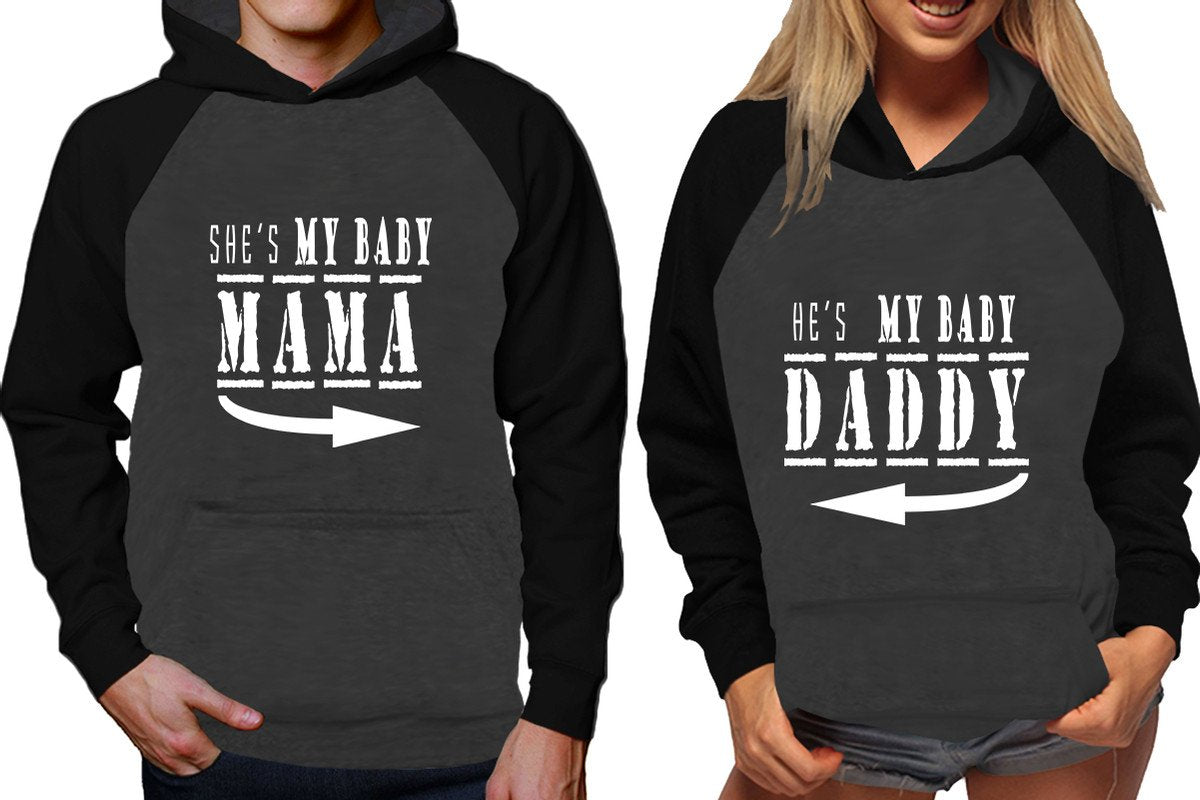 She's My Baby Mama and He's My Baby Daddy raglan hoodies, Matching couple hoodies, Black Charcoal his and hers man and woman contrast raglan hoodies