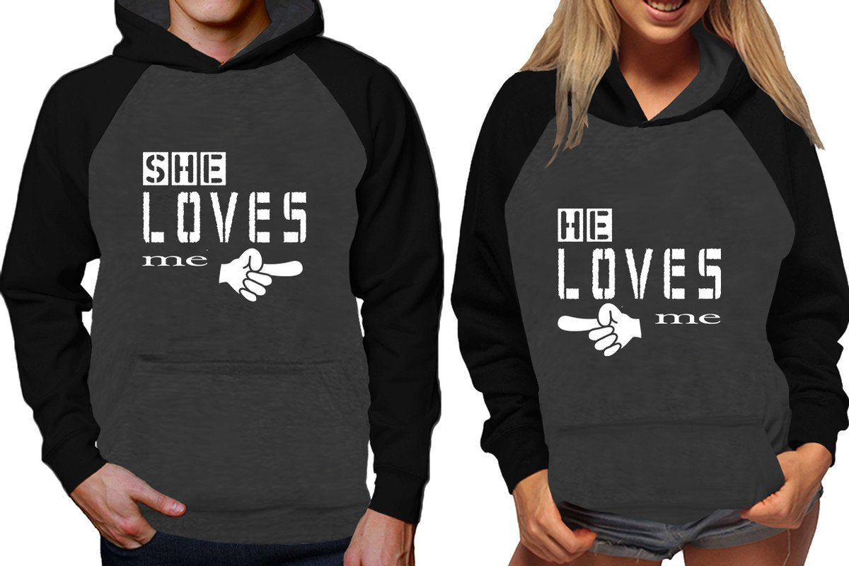 She Loves Me and He Loves Me raglan hoodies, Matching couple hoodies, Black Charcoal his and hers man and woman contrast raglan hoodies