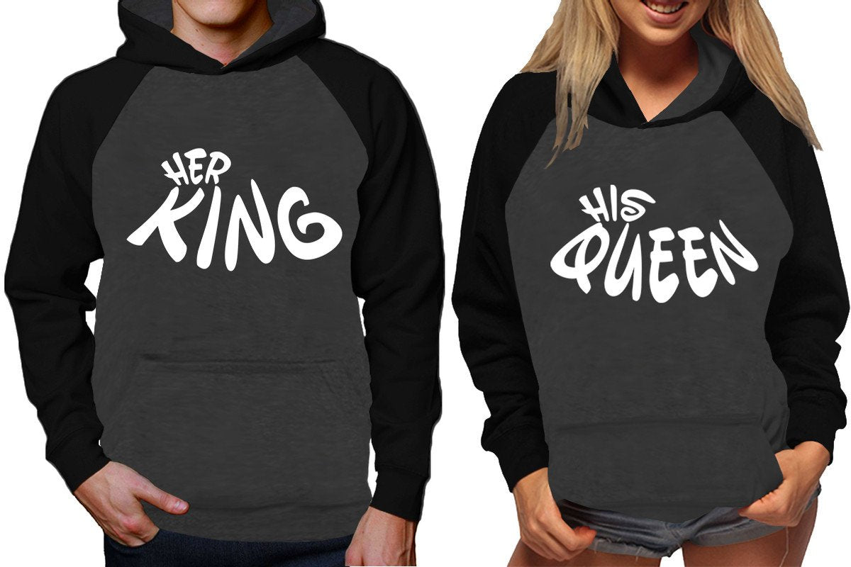 Her King and His Queen raglan hoodies, Matching couple hoodies, Black Charcoal King Queen design on man and woman hoodies