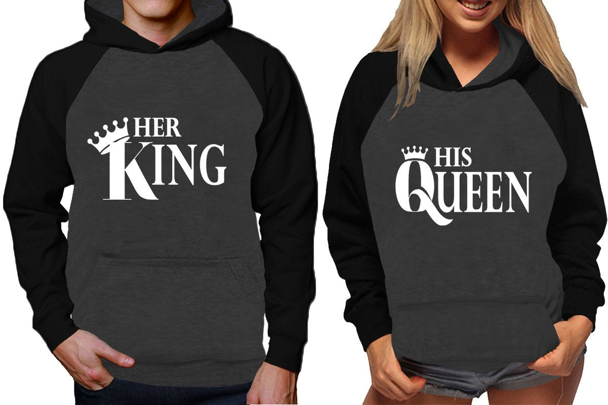 Her King and His Queen raglan hoodies, Matching couple hoodies, Black Charcoal King Queen design on man and woman hoodies