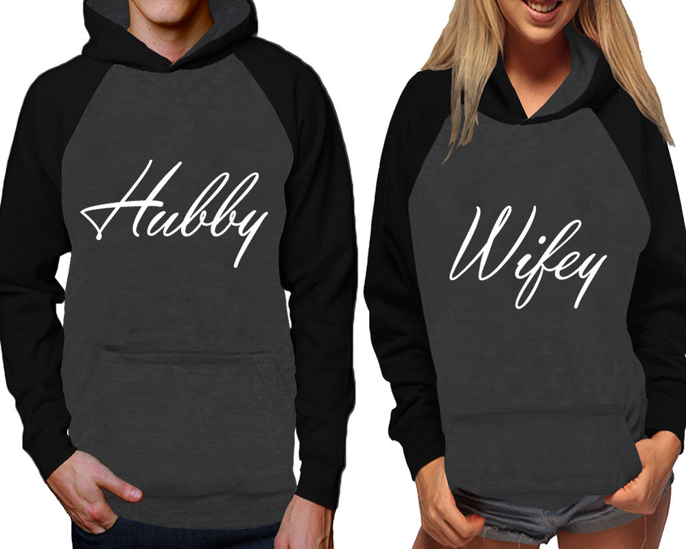 Hubby and Wifey raglan hoodies, Matching couple hoodies, Black Charcoal his and hers man and woman contrast raglan hoodies