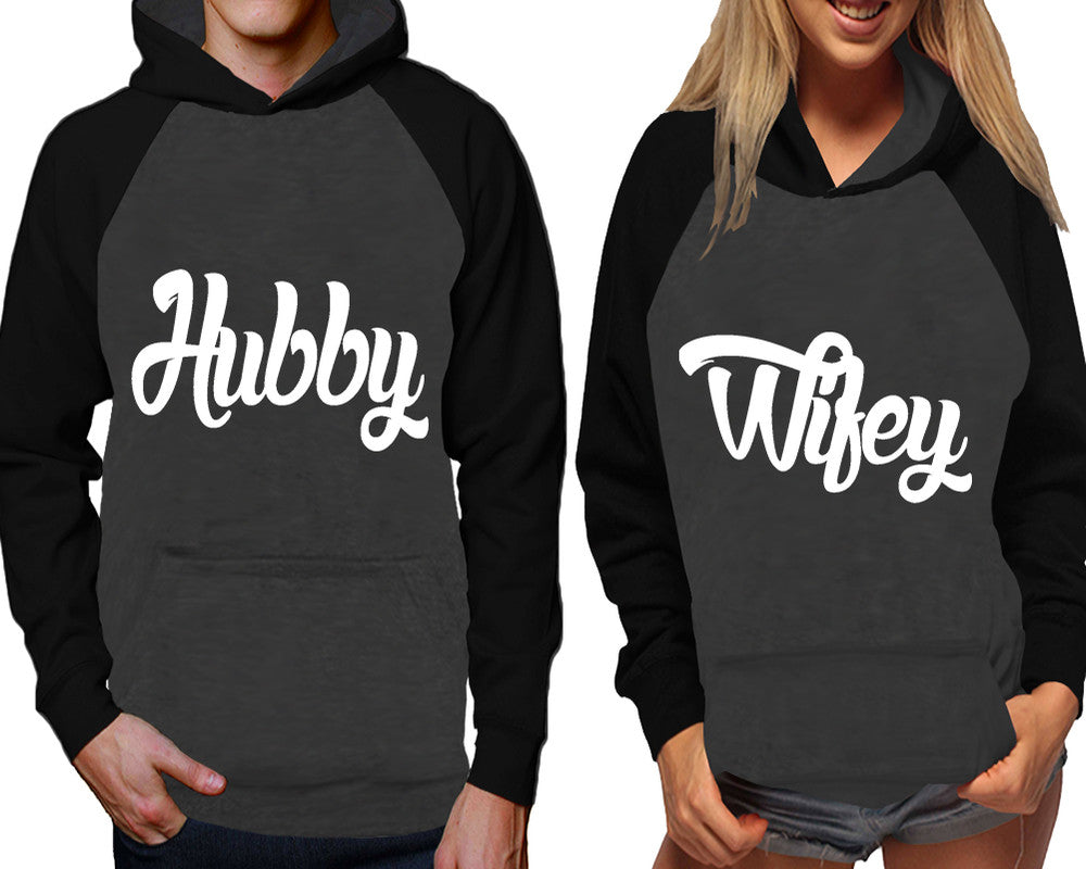 Hubby and Wifey raglan hoodies, Matching couple hoodies, Black Charcoal his and hers man and woman contrast raglan hoodies