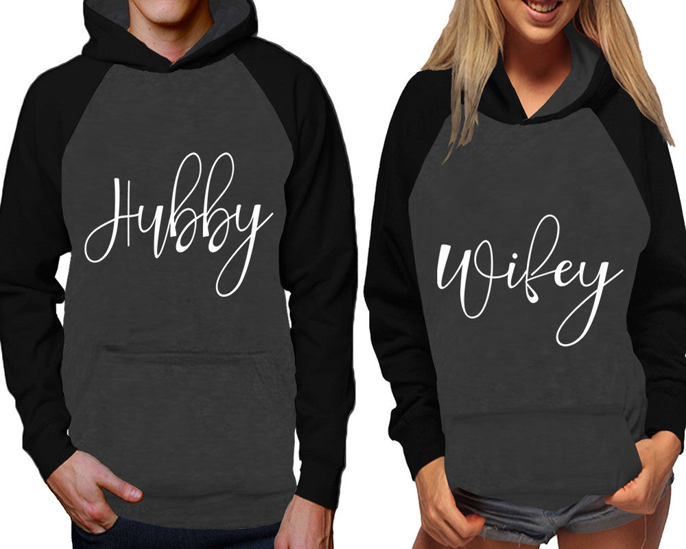 Hubby and Wifey raglan hoodies, Matching couple hoodies, Black Charcoal his and hers man and woman contrast raglan hoodies