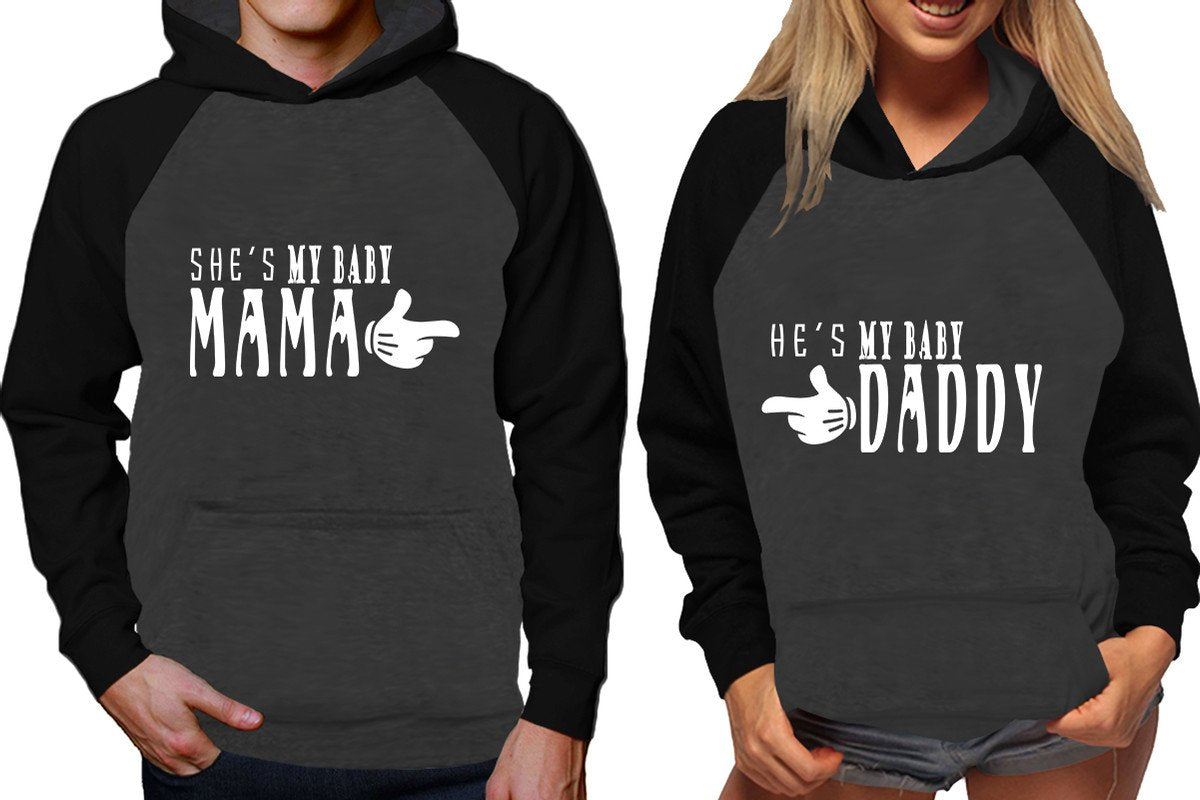 She's My Baby Mama and He's My Baby Daddy raglan hoodies, Matching couple hoodies, Black Charcoal his and hers man and woman contrast raglan hoodies