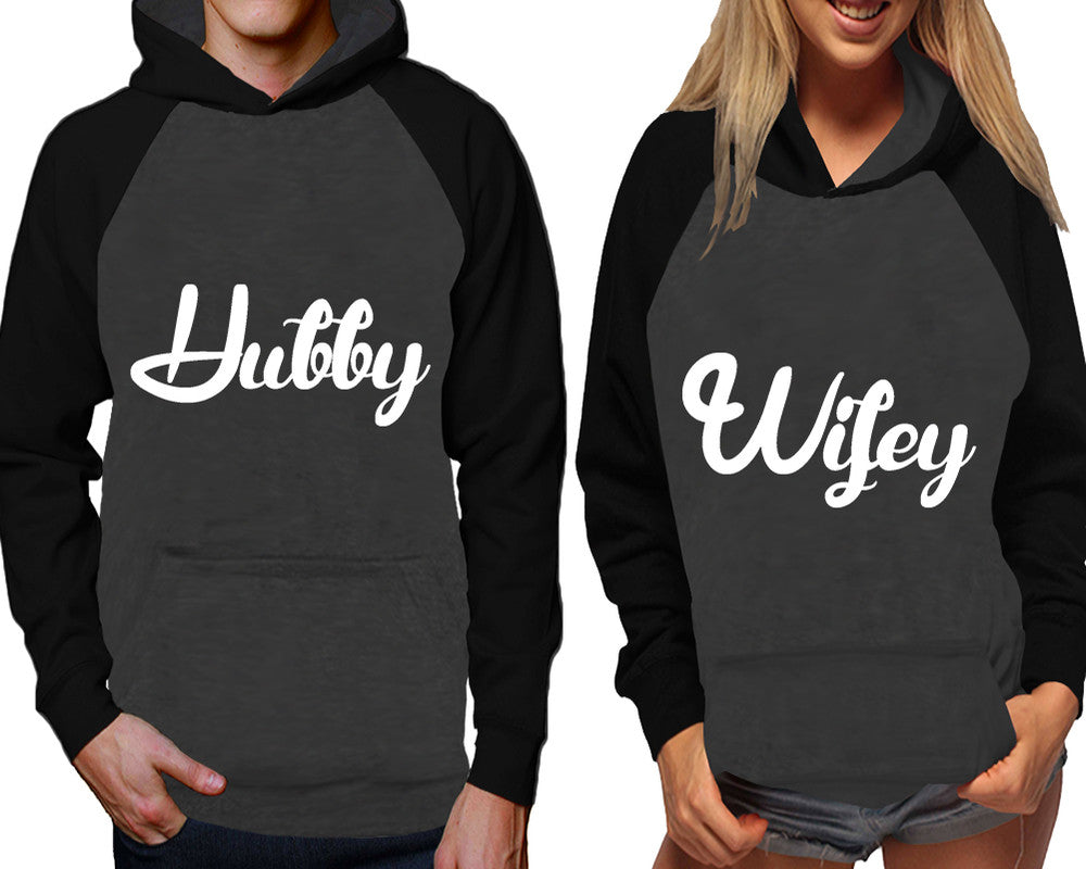 Hubby and Wifey raglan hoodies, Matching couple hoodies, Black Charcoal his and hers man and woman contrast raglan hoodies