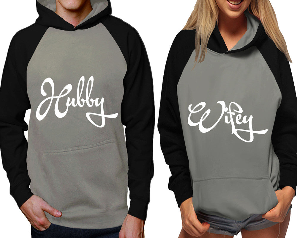 Hubby and Wifey raglan hoodies, Matching couple hoodies, Black Grey his and hers man and woman contrast raglan hoodies