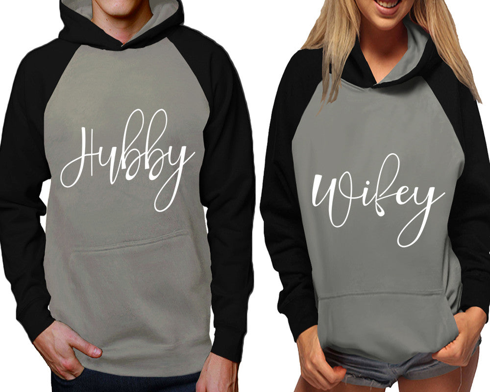 Hubby and Wifey raglan hoodies, Matching couple hoodies, Black Grey his and hers man and woman contrast raglan hoodies